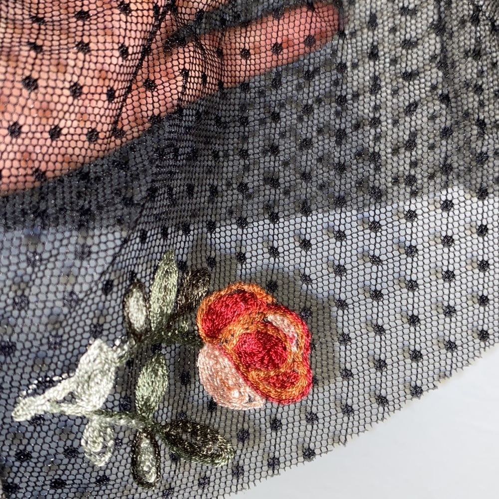 ❌DONATED❌Charcoal Gray Off The Shoulders Mesh Floral Bell Sleeve Tie Knot Top - Picture 10 of 13